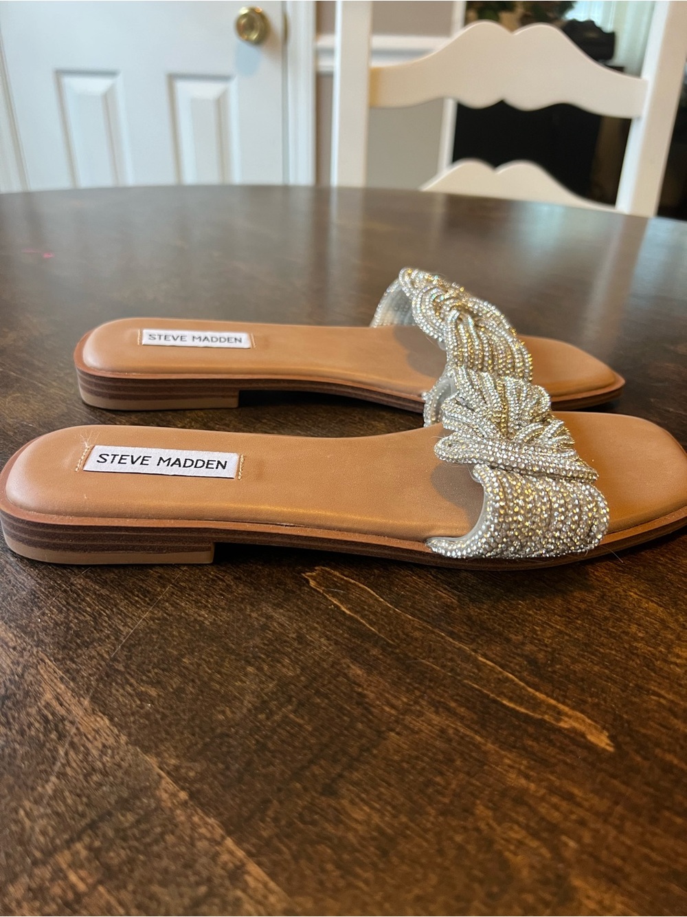 Steve Madden Tan Slide Sandals with Silver Knotted Beaded Strap - Picture 2 of 3
